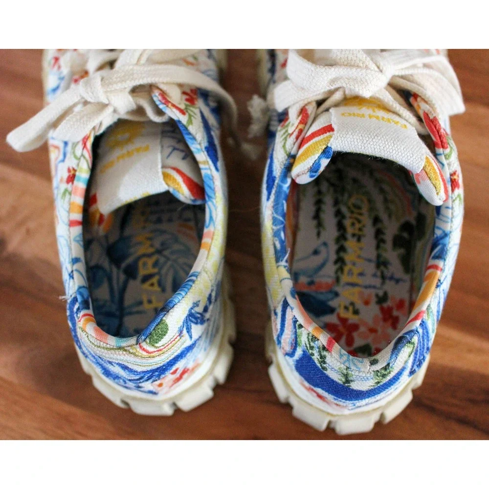 Farm Rio Platform Sneakers Womens 38 White Tropical Floral Canvas Copacabana